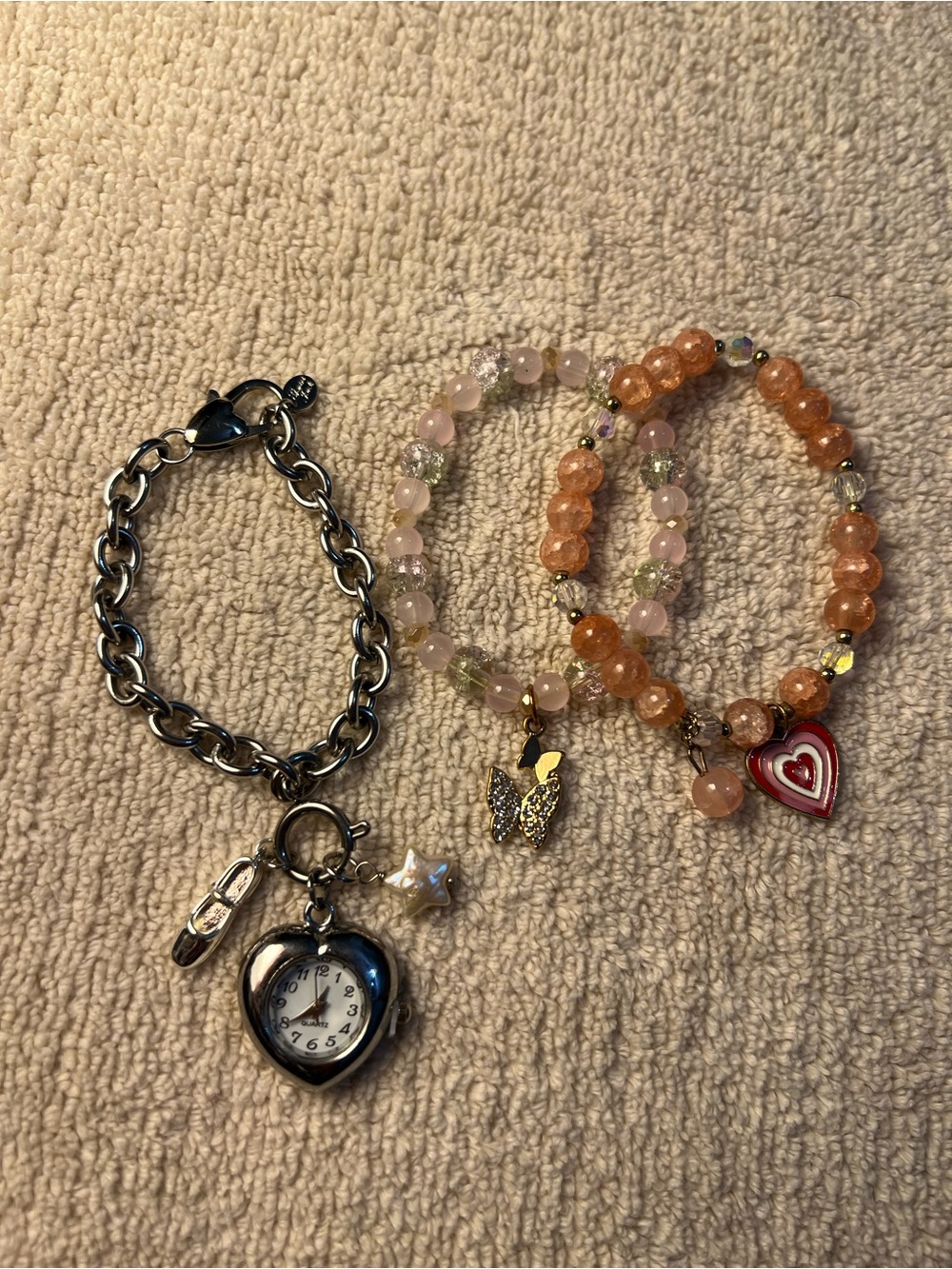 Heart Charm Watch Bracelet + Two Beaded Heart & Butterfly Bracelets